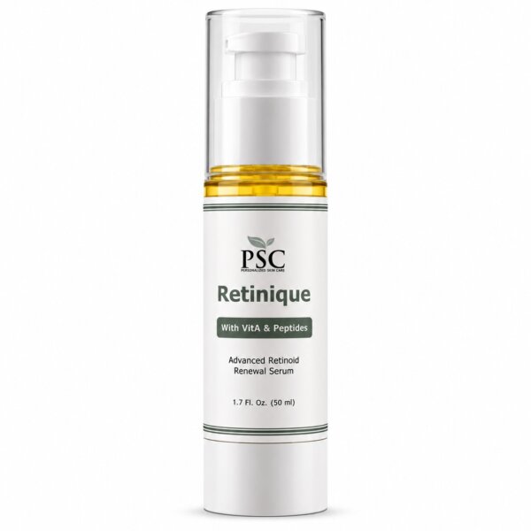 PSC Retinique advanced retinoid serum with retinal, retinol, bakuchiol, peptides, and Vitamin A for smoother, firmer, younger-looking skin.