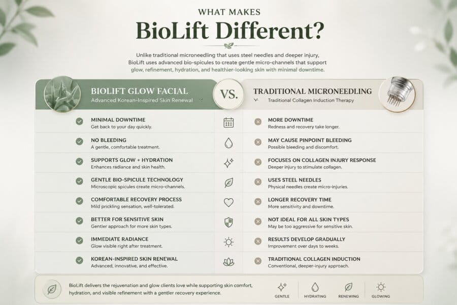 Comparison infographic showing BioLift Glow Facial versus traditional microneedling benefits and recovery differences