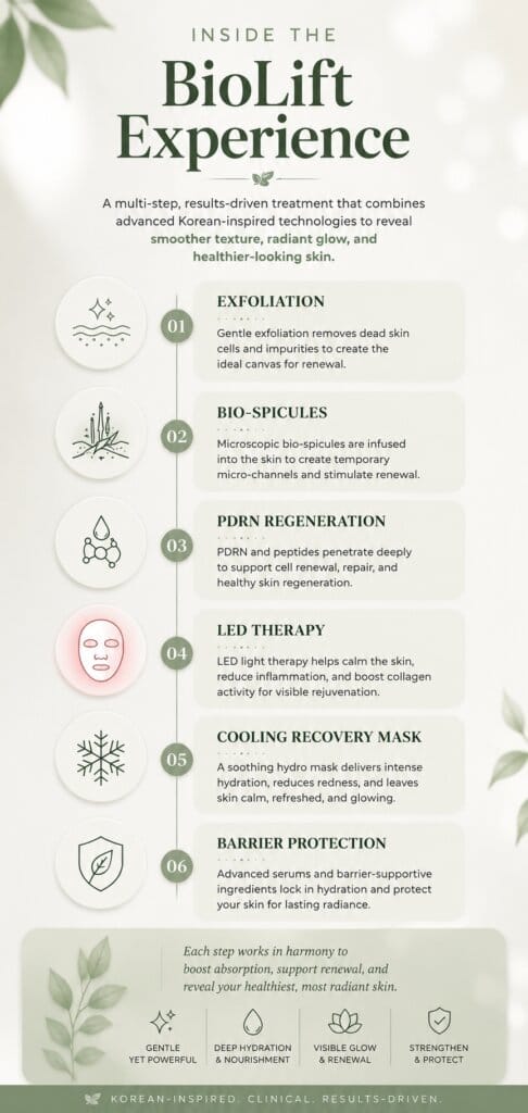 Vertical infographic showing the step-by-step BioLift Glow Facial treatment process with exfoliation, bio-spicules, PDRN, LED therapy, cooling mask, and barrier protection