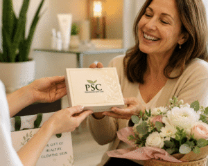 Mother’s Day gift certificate promotion featuring a person holding a gift box with flowers for facial treatments in Fullerton at PSC Skin Care