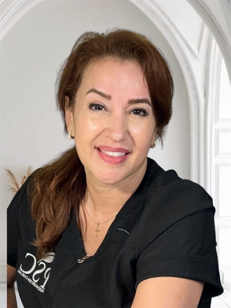 Lorena Coello providing customized facial treatments in Fullerton, CA