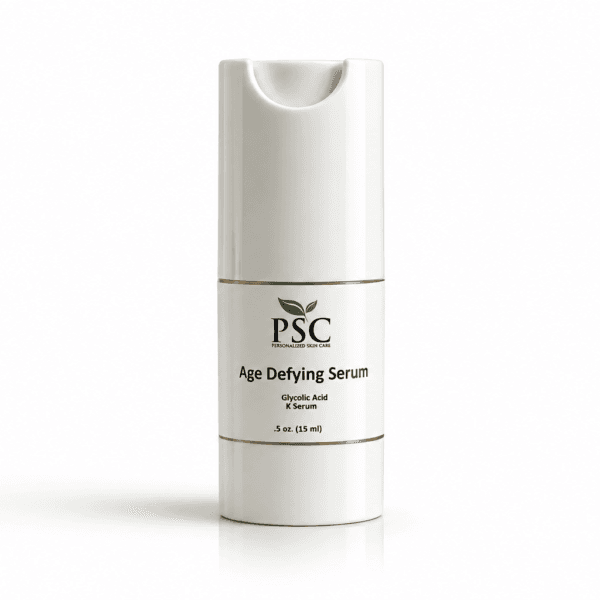 PSC Age Defying Serum with hyaluronic acid, peptides, vitamin C, glycolic acid, cucumber extract, and alpha lipoic acid for hydrated, smoother, younger-looking skin.