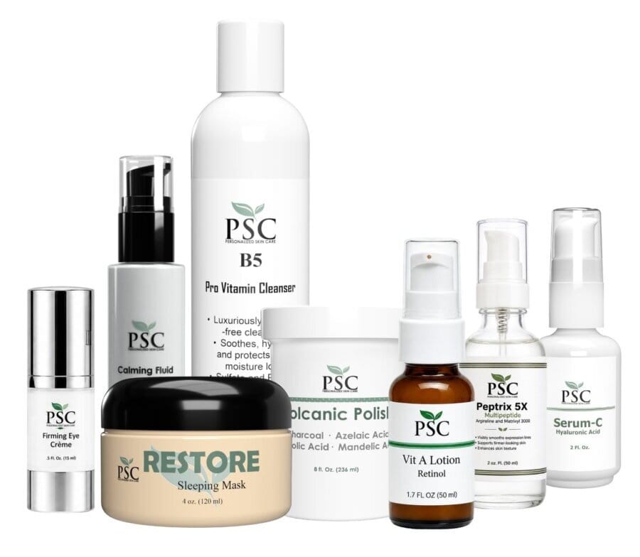 Aging Gracefully Skin System featuring retinol, peptides, Vitamin C, cleanser, exfoliant, moisturizer, and eye cream for mature skin in Fullerton, CA.