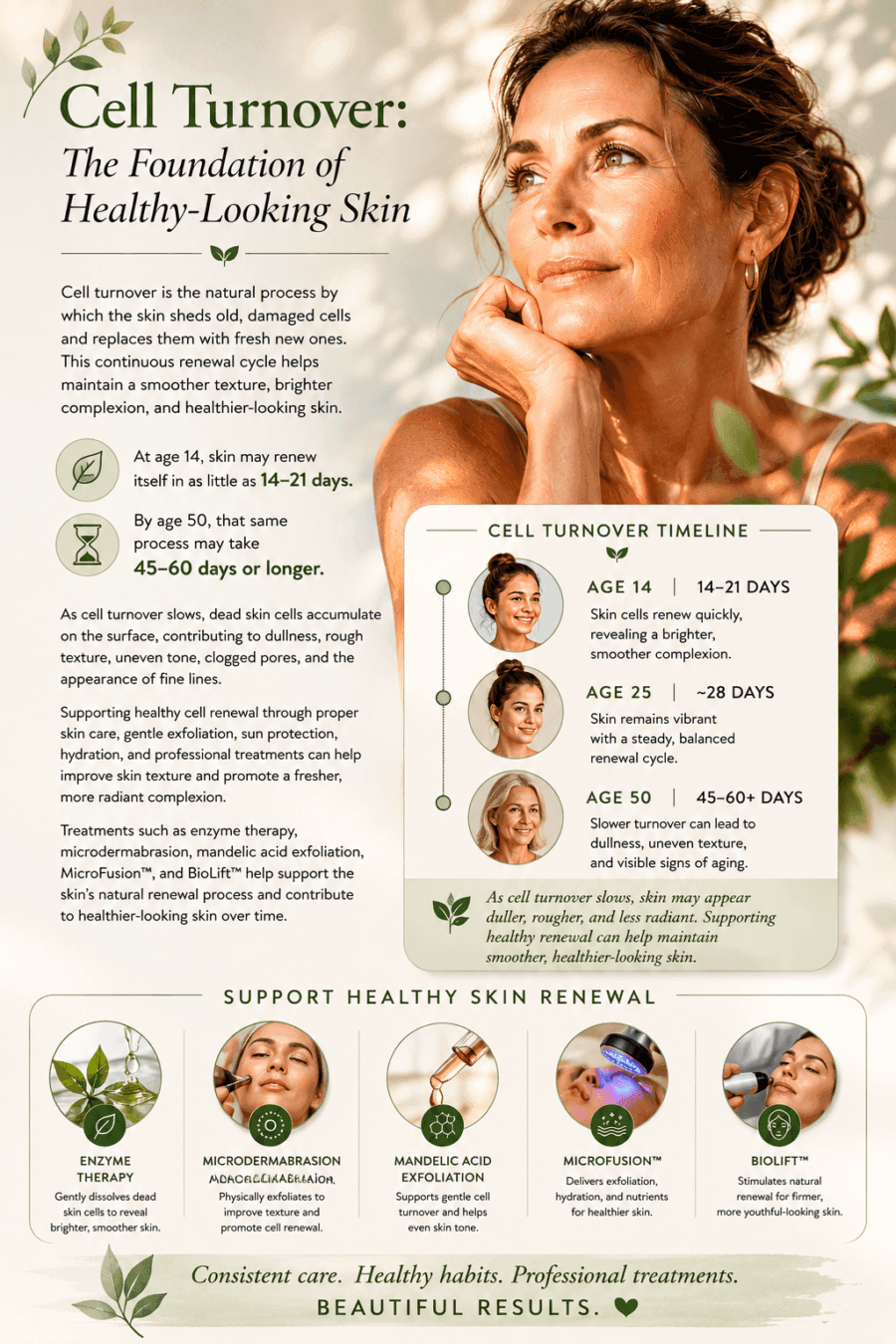 Educational skincare infographic illustrating the skin cell turnover process, comparing skin renewal rates at ages 14, 25, and 50, and highlighting treatments that support healthy skin renewal and aging gracefully.