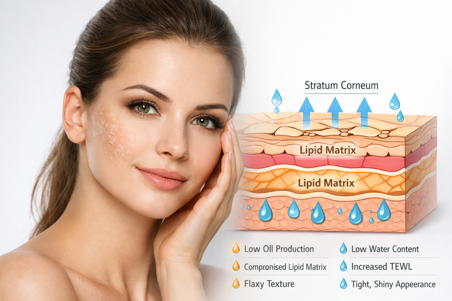 Hybrid hero image showing a woman with dry skin beside a clinical skin diagram labeled stratum corneum, lipid matrix, and TEWL arrows illustrating transepidermal water loss.