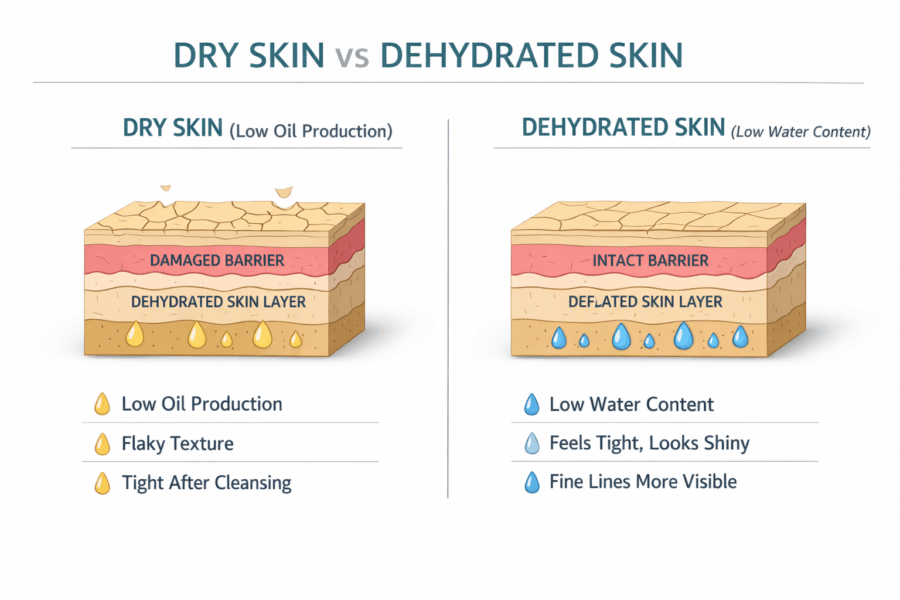 Clinical infographic comparing dry skin and dehydrated skin using side‑by‑side skin layer diagrams showing low oil production, low water content, and differences in barrier function.