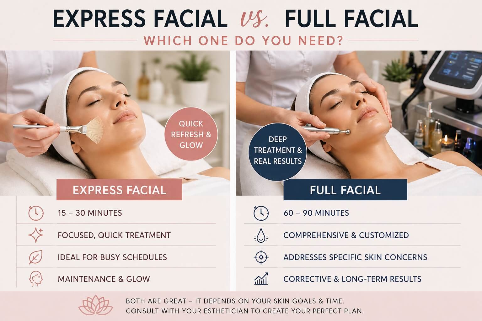 express facial vs full facial treatment comparison for skin care results