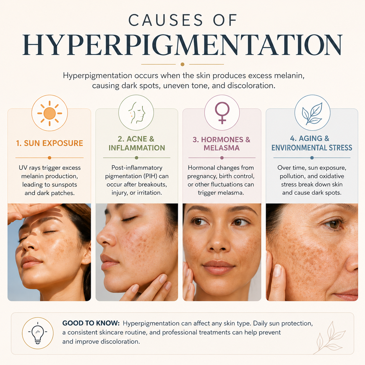 Infographic explaining the four main causes of hyperpigmentation including sun damage, acne scars, melasma, and aging-related pigmentation.