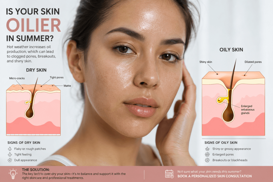 Why Is My Skin Oilier in Summer? Comparison of oily skin and dry skin with realistic facial image demonstrating increased oil production and enlarged pores during summer.