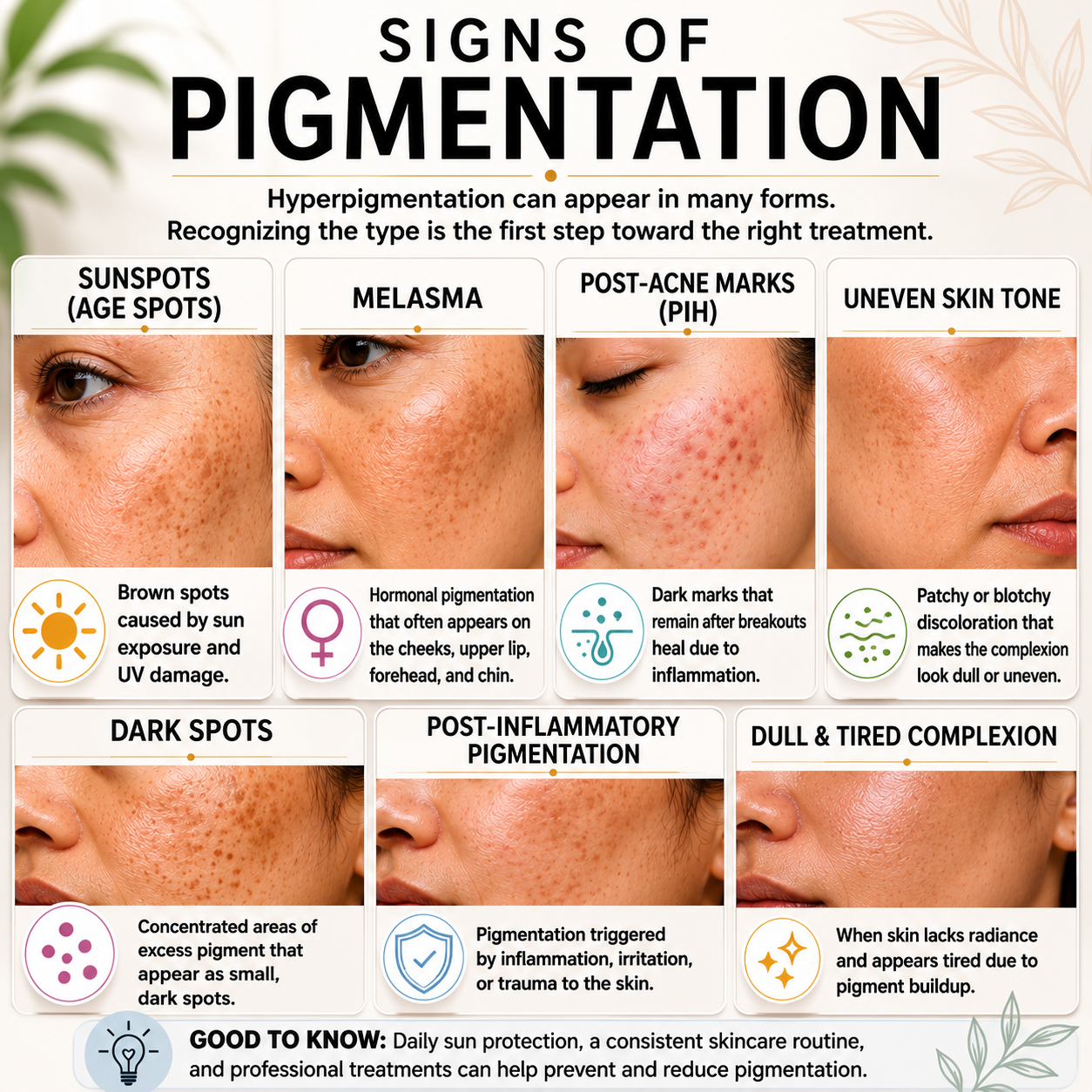 Educational infographic showing common signs of hyperpigmentation including sunspots, melasma, post-acne marks, dark spots, post-inflammatory pigmentation, and uneven skin tone.