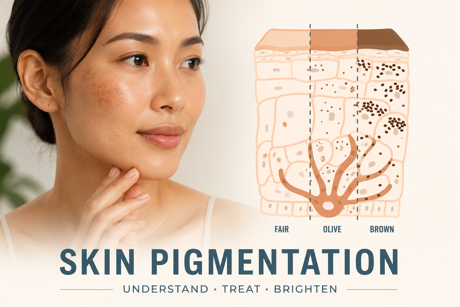 Hyperpigmentation treatment guide showing facial discoloration and melanin distribution in fair, olive, and brown skin types.
