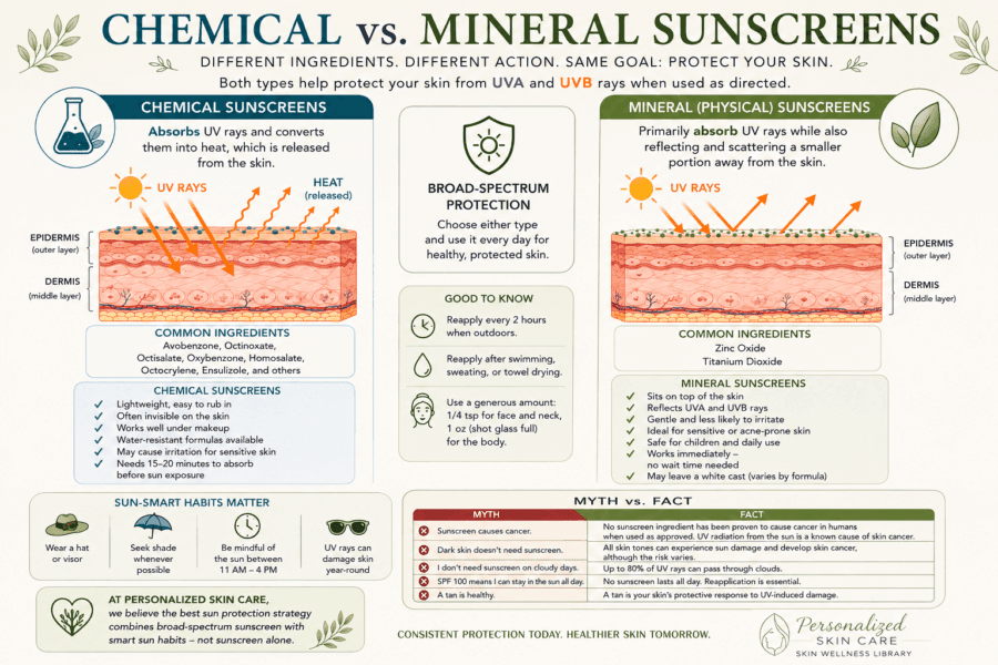 Educational infographic comparing chemical and mineral sunscreens, explaining how each protects the skin from UVA and UVB rays, common ingredients, benefits, and daily sun protection tips.