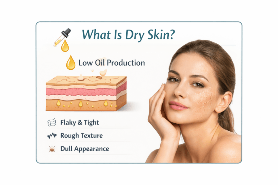 Clinical infographic showing what dry skin looks like, including a cracked stratum corneum, low oil production, and a damaged lipid barrier.