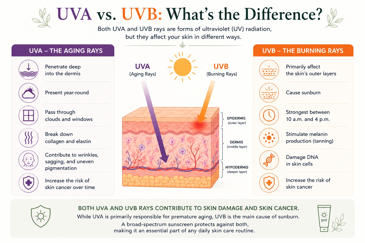Educational infographic comparing UVA and UVB rays, showing how UVA causes premature aging and how UVB causes sunburn, while explaining how both contribute to skin cancer.