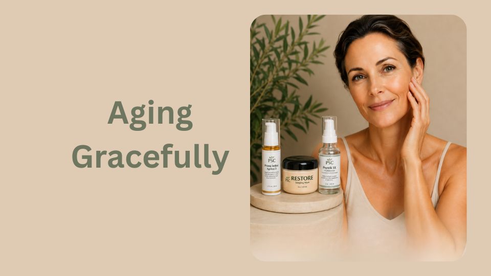 Aging Gracefully with Professional Skin Care | Healthy, Radiant Skin Woman gently touching her face beside professional anti-aging skin care products for healthy, radiant skin.