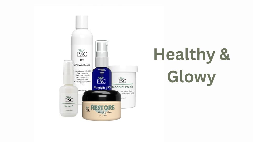 Healthy & Glowy Skin System | Daily Skin Care Routine for Radiant Skin Healthy & Glowy Skin System featuring B5 Cleanser, Serum C, Mandelic Acid, Volcanic Scrub, and RESTORE Moisturizer for radiant, healthy skin.