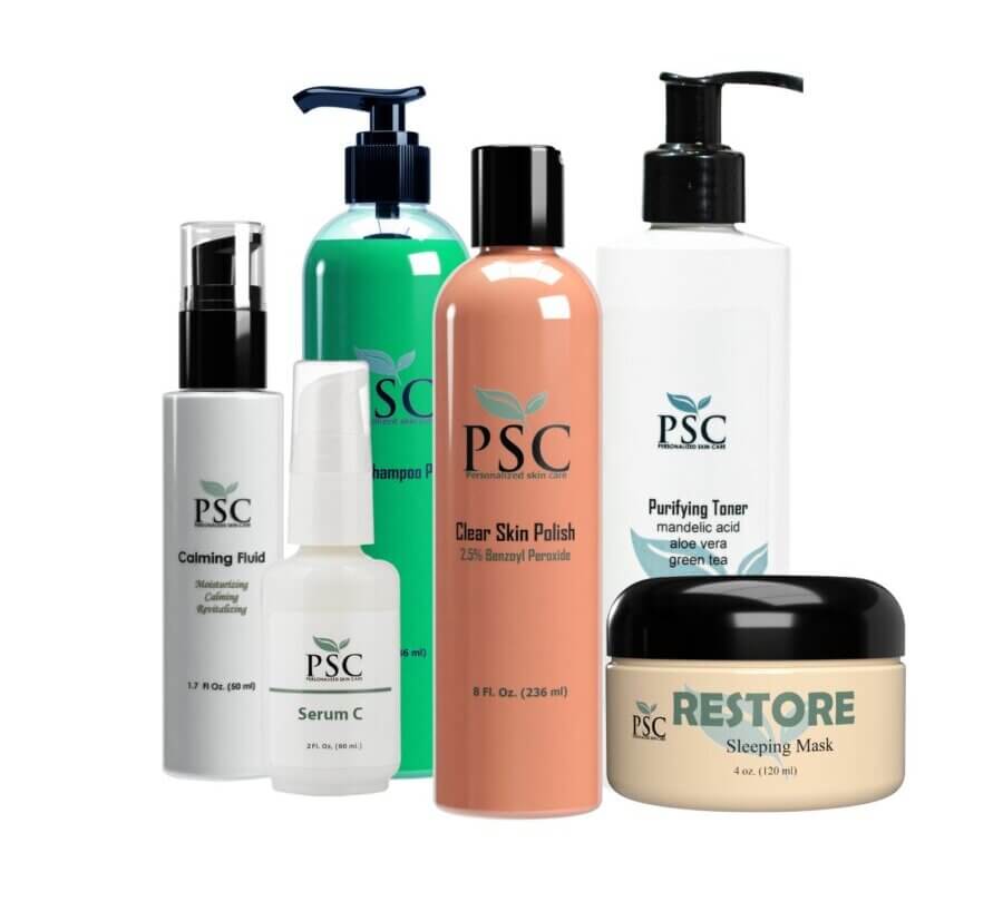 PSC Clear Skin Care System featuring Facial Shampoo Cleanser, Clear Polish with Benzoyl Peroxide, Purifying Toner, Serum C, Calming Fluid, and Restore Moisturizer for acne-prone skin.