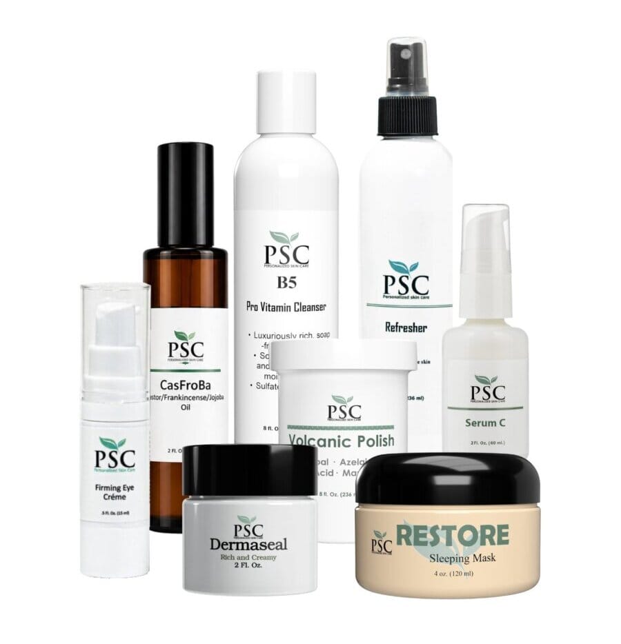 Professional Dry Skin Care System featuring hydrating cleanser, soothing toner, calming moisturizer, peptide serum, Restore cream, and exfoliating polish for dry, dehydrated skin.