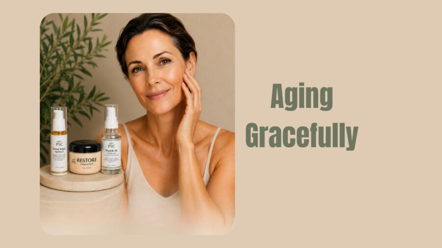 Woman gently touching her face beside professional anti-aging skin care products for healthy, radiant skin.