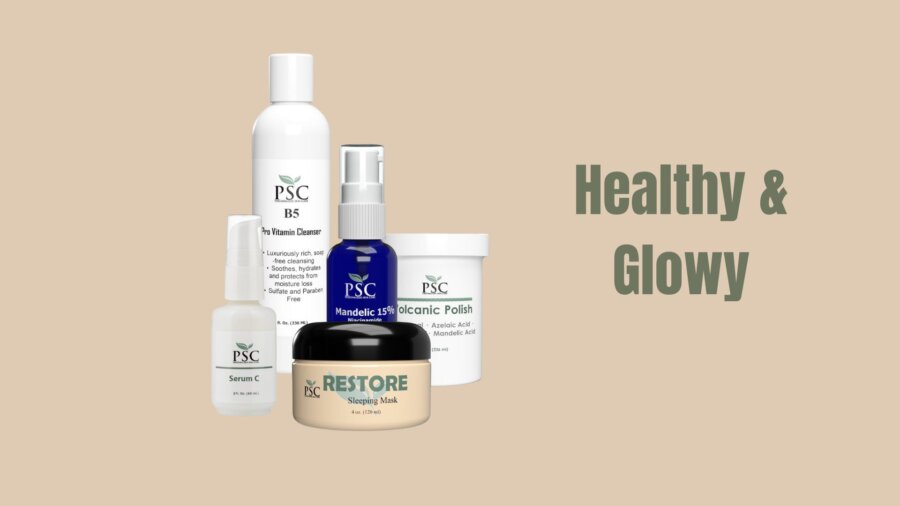 Healthy & Glowy Skin System featuring B5 Cleanser, Serum C, Mandelic Acid, Volcanic Scrub, and RESTORE Moisturizer for radiant, healthy skin.