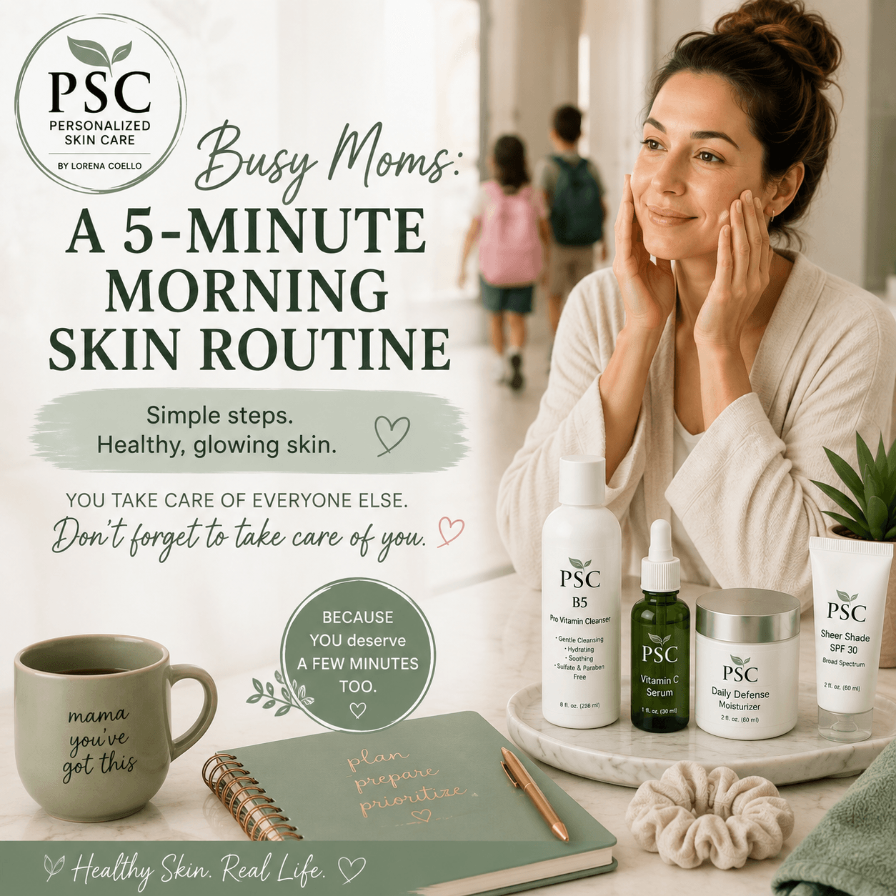 Busy mom completing a simple five-minute morning skincare routine before school drop-off.