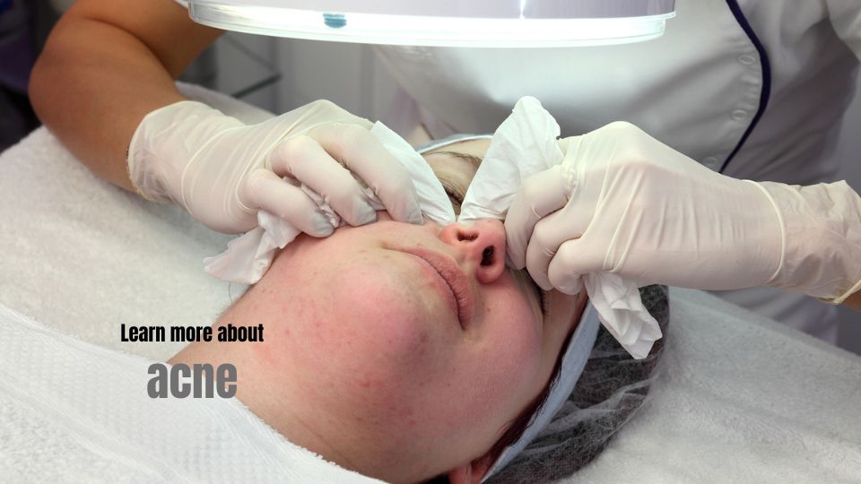Teen boy receiving professional acne extractions under a magnifying lamp during a corrective facial treatment.
