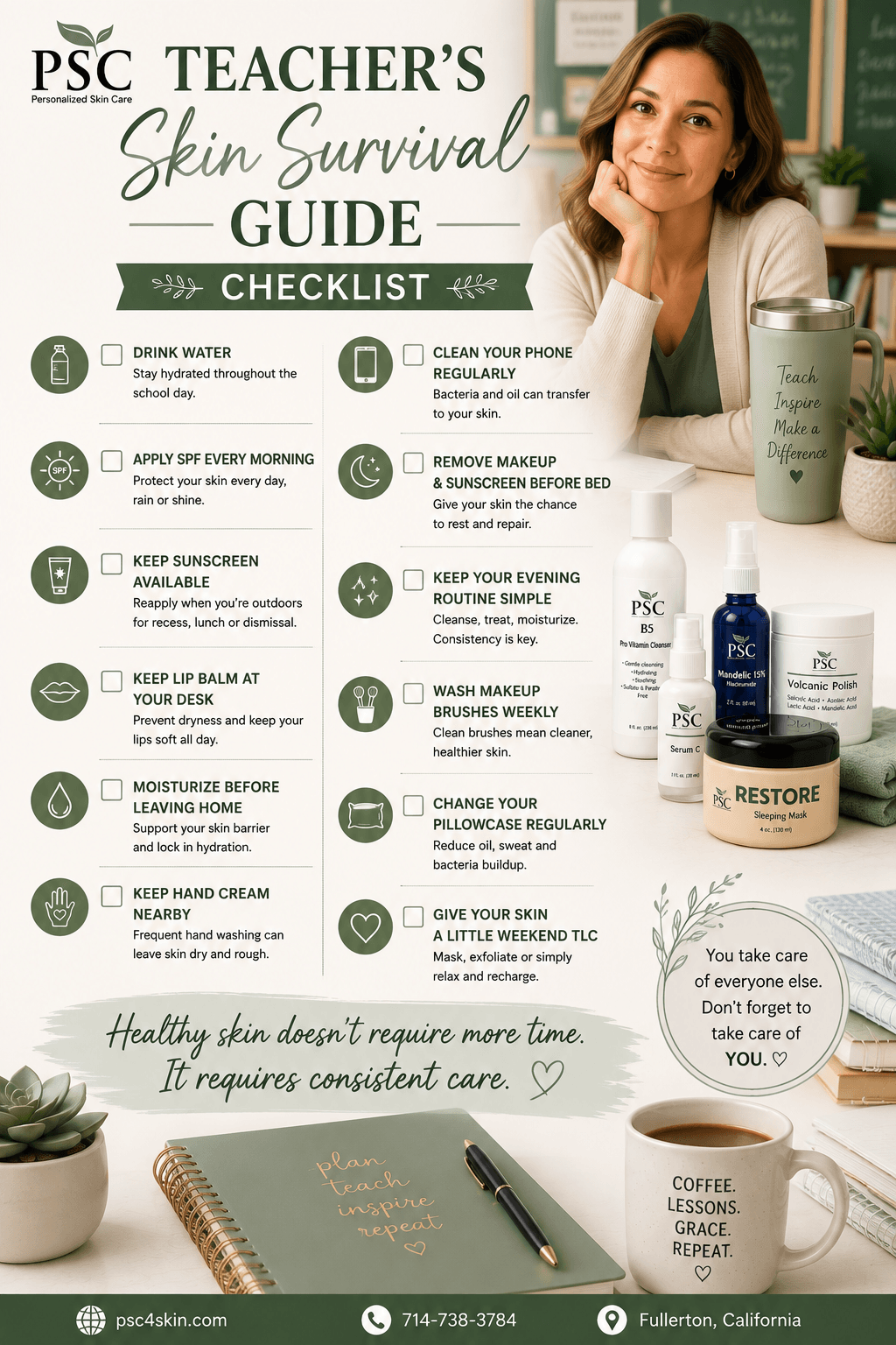 TeacherBacktoSchool Teacher in a classroom following a simple skincare routine for healthy hydrated skin during the school year.