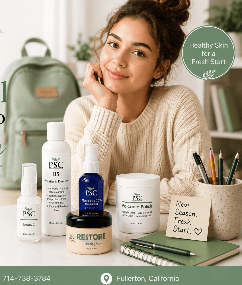 Back-to-School Healthy Skin Checklist | PSC Wellness Fullerton Back-to-School Healthy Skin Checklist infographic by Personalized Skin Care featuring simple daily skincare habits, PSC skincare products, and healthy skin tips for students, teachers, and families.