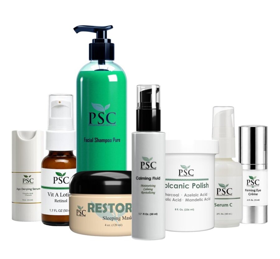 PSC Men's Skin Care System featuring professional skincare products designed to cleanse, exfoliate, hydrate, reduce razor irritation, and improve the appearance of healthy-looking skin.