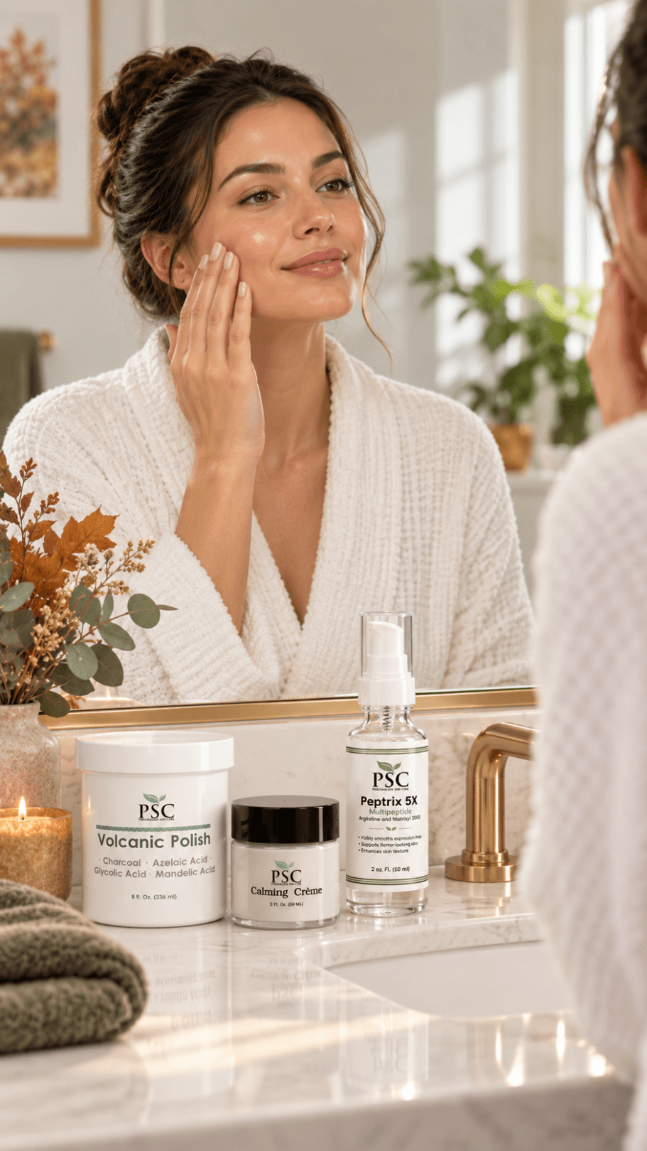 Transitioning Your Skin From Summer to Autumn Woman adjusting her skincare routine for autumn with richer moisturizer, peptide serum, and gentle exfoliation.