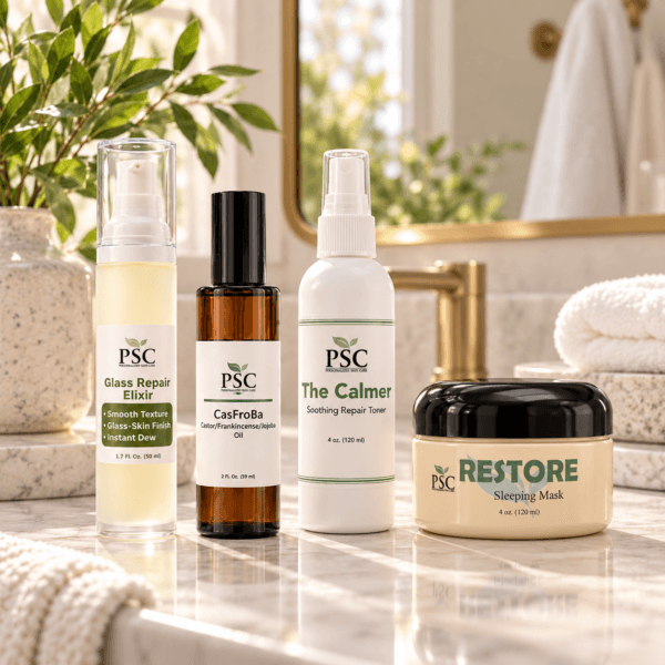 PSC Sensitive Skin Recovery Bundle with The Calmer, Glass Repair Elixir, Restore Sleeping Mask and CasFroBa