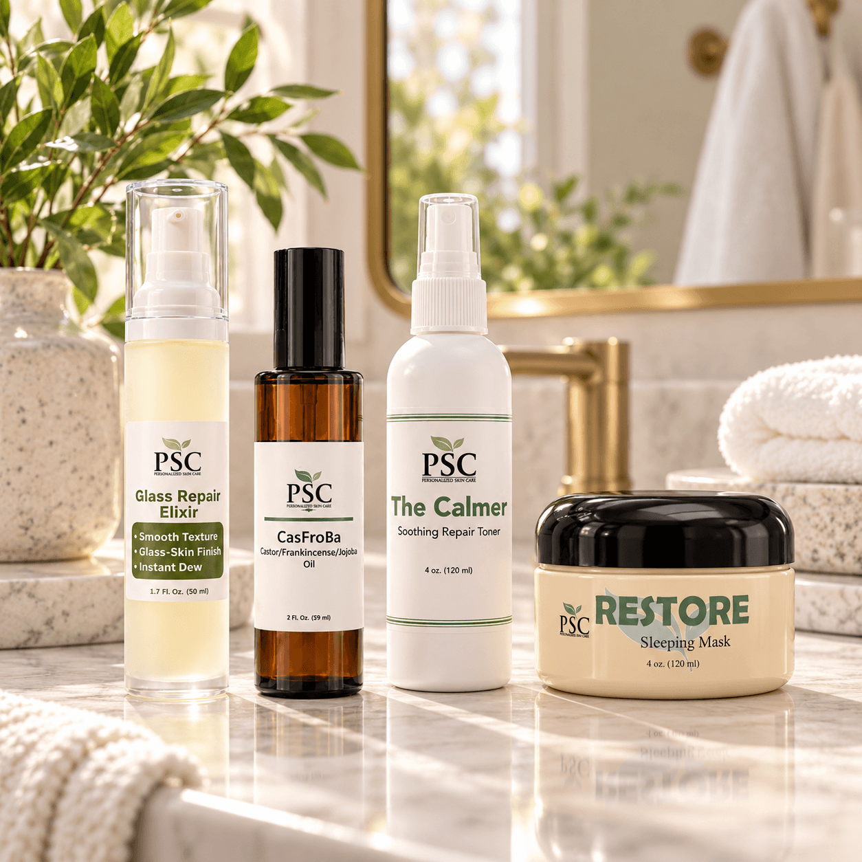 PSC Sensitive Skin Recovery Bundle with The Calmer, Glass Repair Elixir, Restore Sleeping Mask and CasFroBa